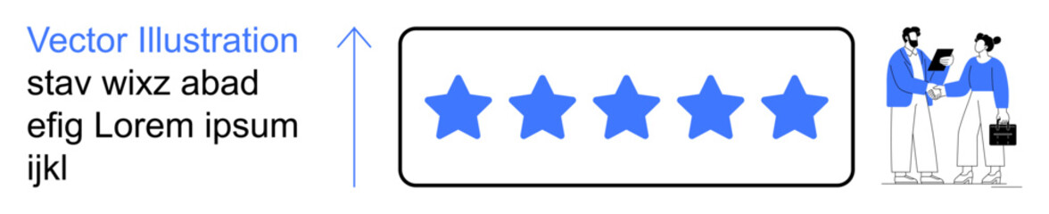 Obraz premium Business feedback, client satisfaction, customer review, quality assurance, teamwork, collaboration. Five-star rating with two people exchanging ideas. Business feedback and client satisfaction