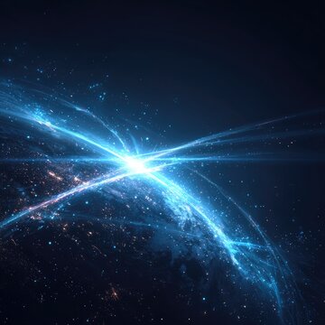 A planet viewed from space with bright blue streaks emanating from a central point