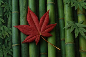 A red maple leaf sits atop a bamboo stalk Green leaves fill the corners