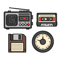 Obraz premium Retro 80s 90s technology collection - radio cassette player, audio tape, floppy disk, and vintage timer.