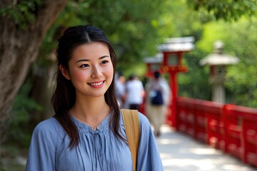 A smiling woman stands on a red bridge with traditional Japanese lanterns and a tree