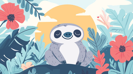 Naklejka premium Cute Sloth Surrounded by Tropical Foliage and Flowers Illustration.