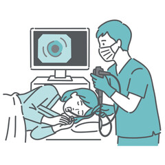 胃カメラ検査（経口内視鏡）を受ける女性と医師のイラスト