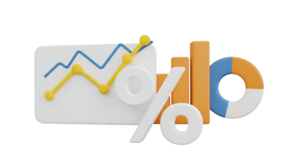3d business analysis concept with percentage sign, line graph, bar chart, and donut chart