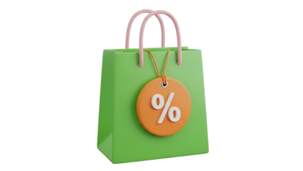 A stylized green shopping bag with a prominent discount percentage tag for sale events