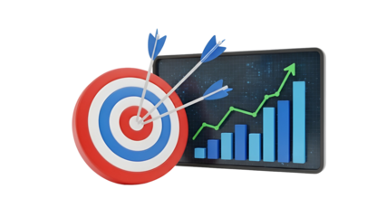 Business success concept with target bullseye achievement and upward growth graph illustration