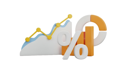 Visual representation of financial data analysis and percentage statistics in 3d