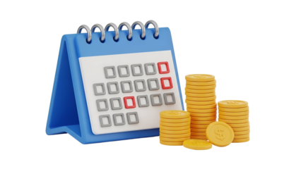 Calendar with highlighted payment dates and stacks of coins for financial management