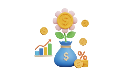 Financial growth concept with a money plant growing from a coin bag and a rising bar chart
