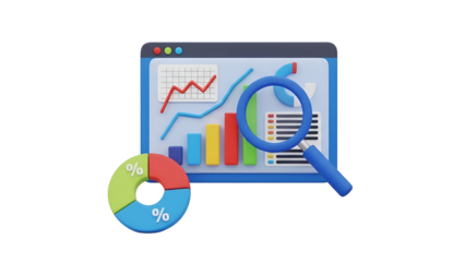 Business analytics dashboard with charts and magnifying glass for performance analysis