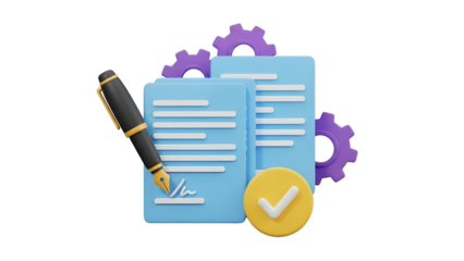 A 3d illustration of contract signing and approval process with pen and documents