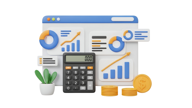 Financial data analysis and business growth illustration featuring a calculator and charts - Powered by Adobe