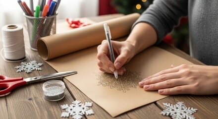 Person's hands drawing on brown paper with a pen on a wooden desk with crafting supplies and
