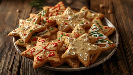 Festive star shaped Christmas cookies decorated on rustic wooden surface