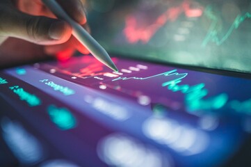 collaborative business with AI scenario showing active use of financial apps and hybrid devices for data monitoring, portfolio evaluation, and stock market planning. great for multi-platform finance, 