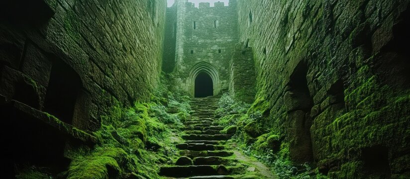 Mossy stone castle stairs, misty backdrop