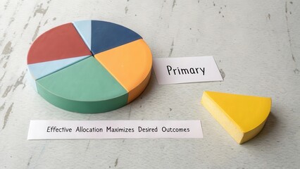 A stylized geometric pie chart with color segments representing data analysis and strategic allocation.