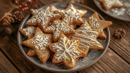 Fototapeta premium Festive Star-shaped Christmas Cookies on Rustic Wooden Surface Display