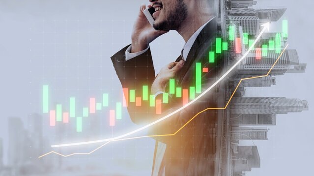 A confident businessman communicates on his phone, with a vibrant stock market graph overlay illustrating upward trends in investments and financial strategies. Copula - Powered by Adobe