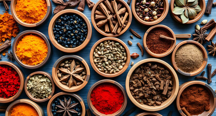 Colorful Assortment of Spices and Herbs in Wooden Bowls on Rustic Tabletop.