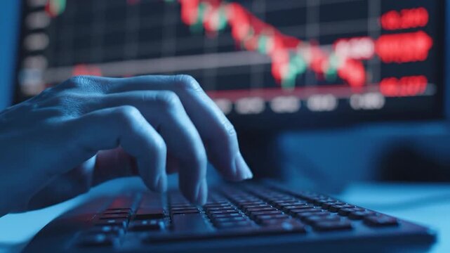 Intense focus on stock market trends, typing rapidly to analyze data for strategic investment decisions during volatile market conditions