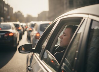 Tired man resting eyes in a car during a sunny urban traffic jam