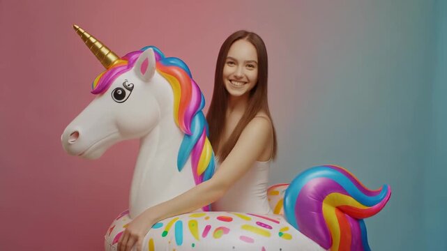 Happy young caucasian woman enjoying her summer vacation with a colorful inflatable unicorn. Cheerful female model posing with a fantasy swimming ring for a pool party