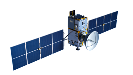 A detailed close-up of a modern orbital satellite with extended solar panels, capturing the essence of space exploration and advanced technology in a studio shot