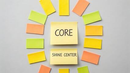 Central CORE and SHINE CENTER messages on yellow sticky notes arranged in a sunburst pattern with surrounding colorful notes