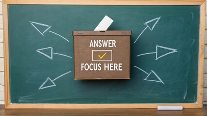 Chalkboard displays 'Answer Focus Here' in a central box with inward arrows and a checkmark symbol, representing clear direction and decision-making.