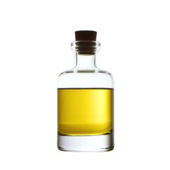 A small clear glass bottle with a cork stopper, filled with a golden yellow liquid, on a white background, suitable for various cosmetic or culinary uses