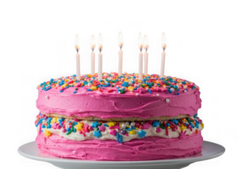 A vibrant pink birthday cake adorned with colorful sprinkles and lit candles, ready for celebration. isolated on transparent background