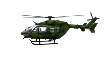 Robust utility helicopter with a camouflage design, captured in a sharp side view, ready for aerial transport and critical defense missions
