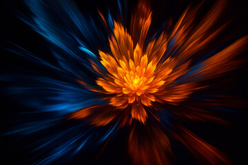 AI generated abstract fantasy flower bursting with blue and orange energy light dynamic motion and powerful contrast on dark background expressing creativity transformation and visual intensity