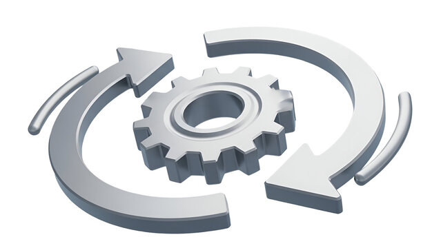 A 3d render of a silver gear icon surrounded by two circular arrows representing a continuous process cycle.