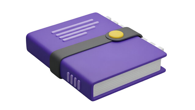 A stylized 3d render of a purple notebook with a grey strap and yellow button clasp isolated on a black background