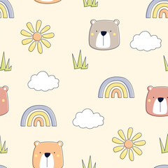 Cute seamless pattern with teddy bears, rainbows, flowers, clouds, and grass in soft pastel colors. Playful vector illustration for kids, nursery decor, baby products, and textile designs