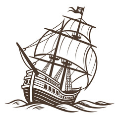 Vintage Sailing Ship with Full Sails on Wavy Water boat vessel © Abu