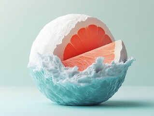 Surreal Fruit Composition with Orange Grapefruit and Ice in Minimalist Style