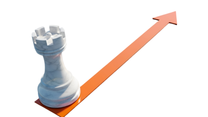 White rook chess piece on an upward orange arrow symbolizing strategic progress and growth
