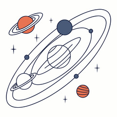Stylized Solar System with Planets and Rings on White Background orbit space © Abu