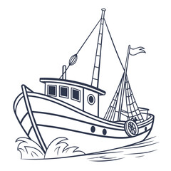 Cartoon fishing trawler boat sailing through waves Keywords: fishing boat, trawler, boat, ship
