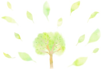 新緑の若木と舞い散る葉の爽やかな水彩イラスト。エコと自然のシンボル。