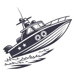 Speedboat with stars and waves in dark blue Keywords: speedboat, boat, ship, vessel, water