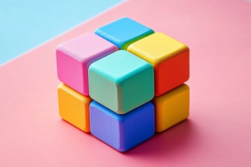 Colorful Plastic Cubes Stacked on Pink and Blue Background for Creative and Educational Use