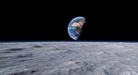 Earth rising above a frozen lunar landscape