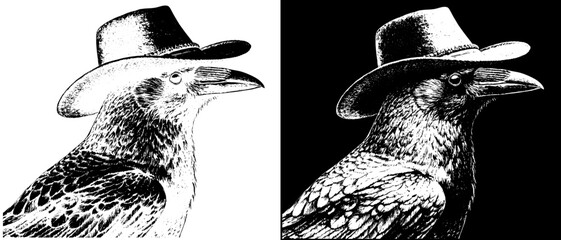 Obraz premium Vintage Raven in Cowboy Hat Engraving, Inverted Black White Xerography Vector on Transparent Background