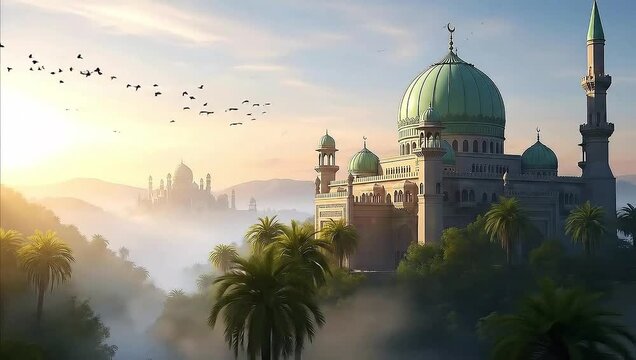 Majestic Mosque on Hilltop with Green Dome, Palm Trees, and Birds at Sunrise