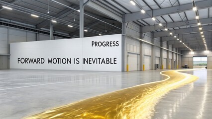 Industrial warehouse interior with golden light streaks representing inevitable progress and motion