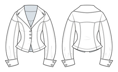 Tailored Peplum Blazer Jacket Technical Fashion Illustration. Fitted Women&rsquo;s Jacket with Notched Lapel and Long Sleeves. Button-Front Design. CAD Mockup.
